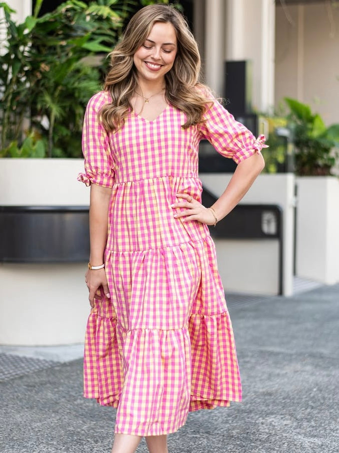 Molly Midi Dress - Pink/Lemon Gingham