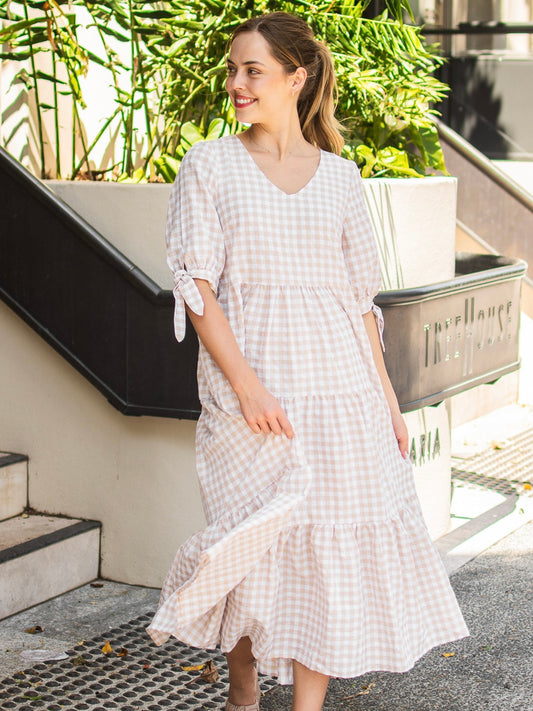 Molly Midi Dress - Beige Gingham