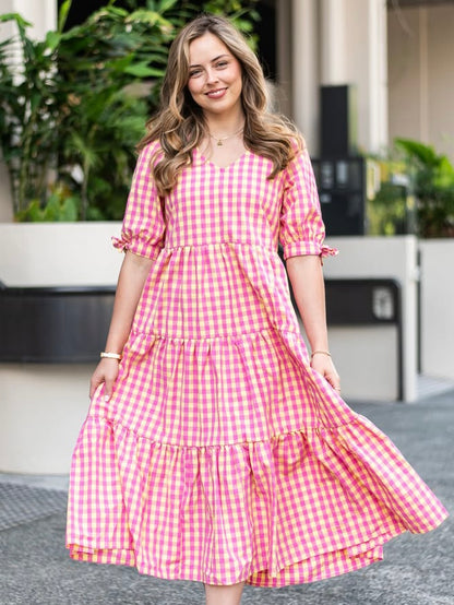 Molly Midi Dress - Pink/Lemon Gingham