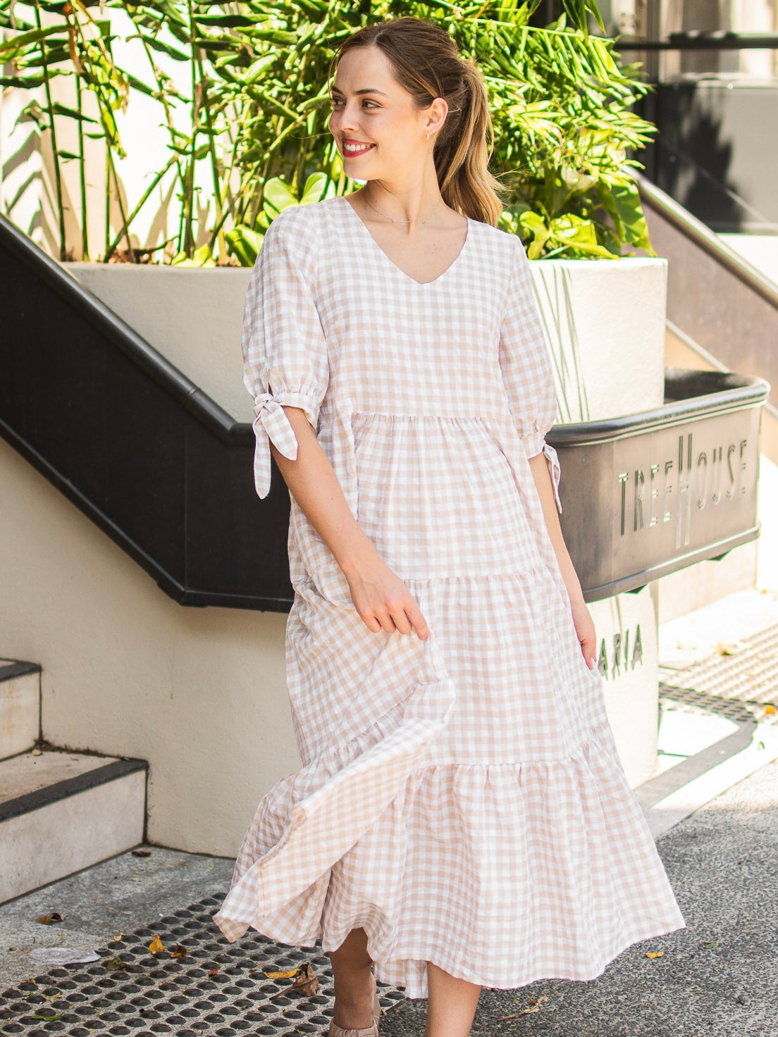 Molly Midi Dress - Beige Gingham