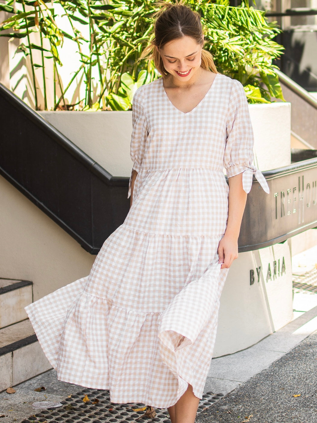 Molly Midi Dress - Beige Gingham