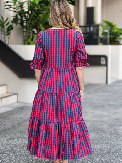 Molly Midi Dress - Navy/Watermelon Gingham
