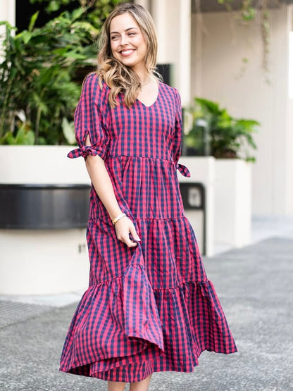 Molly Midi Dress - Navy/Watermelon Gingham