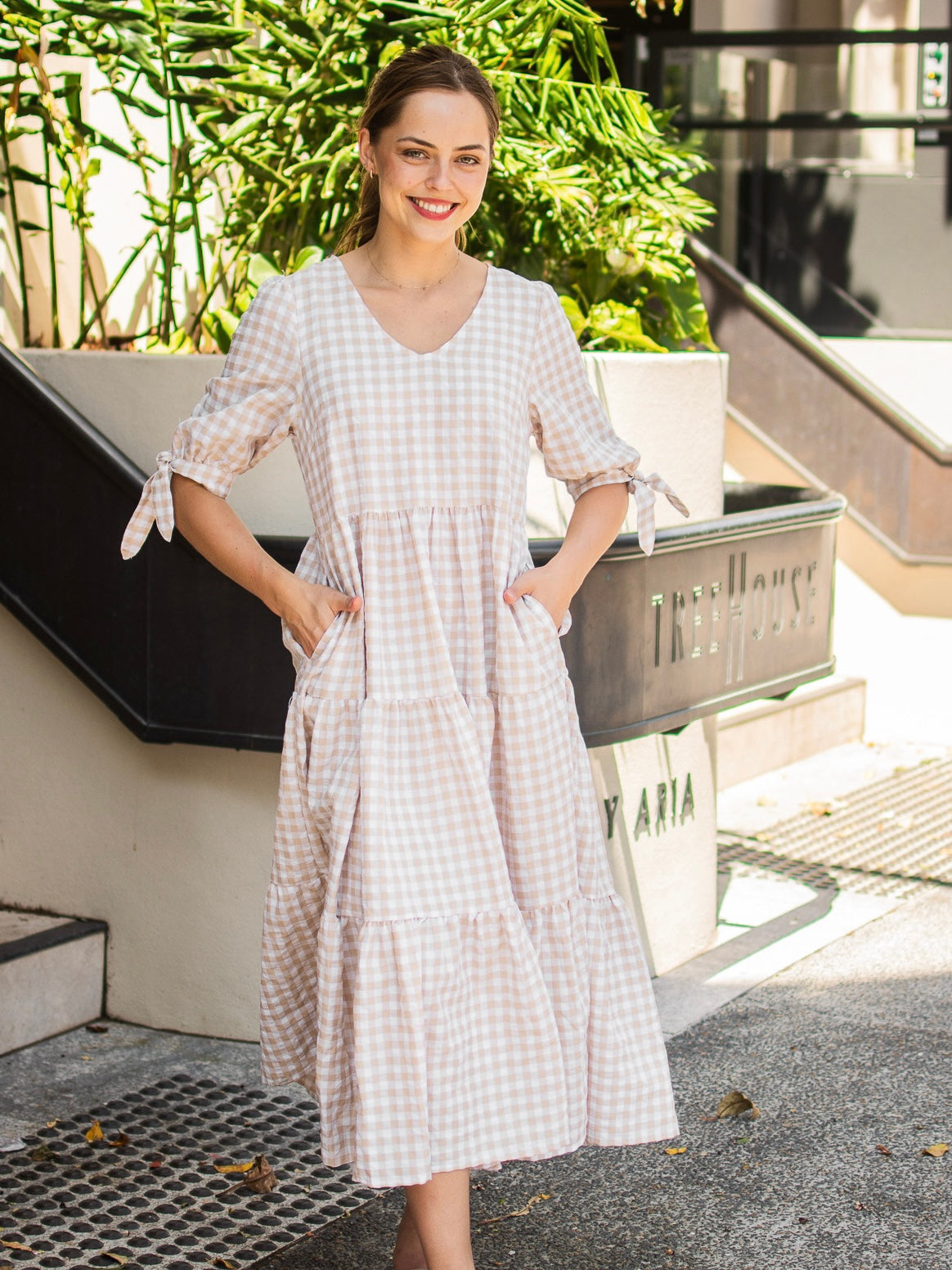 Molly Midi Dress - Beige Gingham