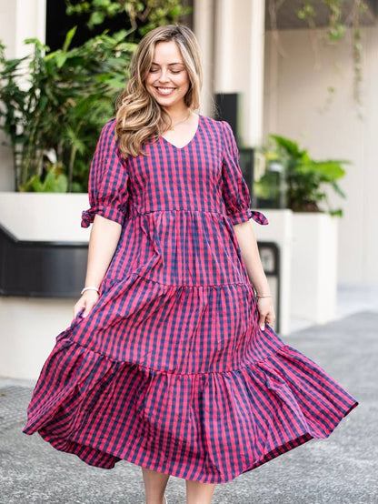 Molly Midi Dress - Navy/Watermelon Gingham