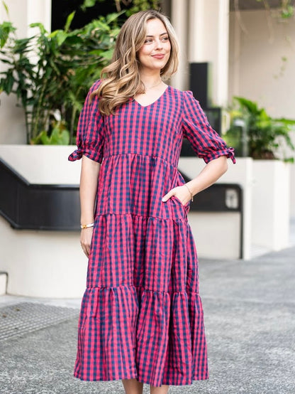 Molly Midi Dress - Navy/Watermelon Gingham