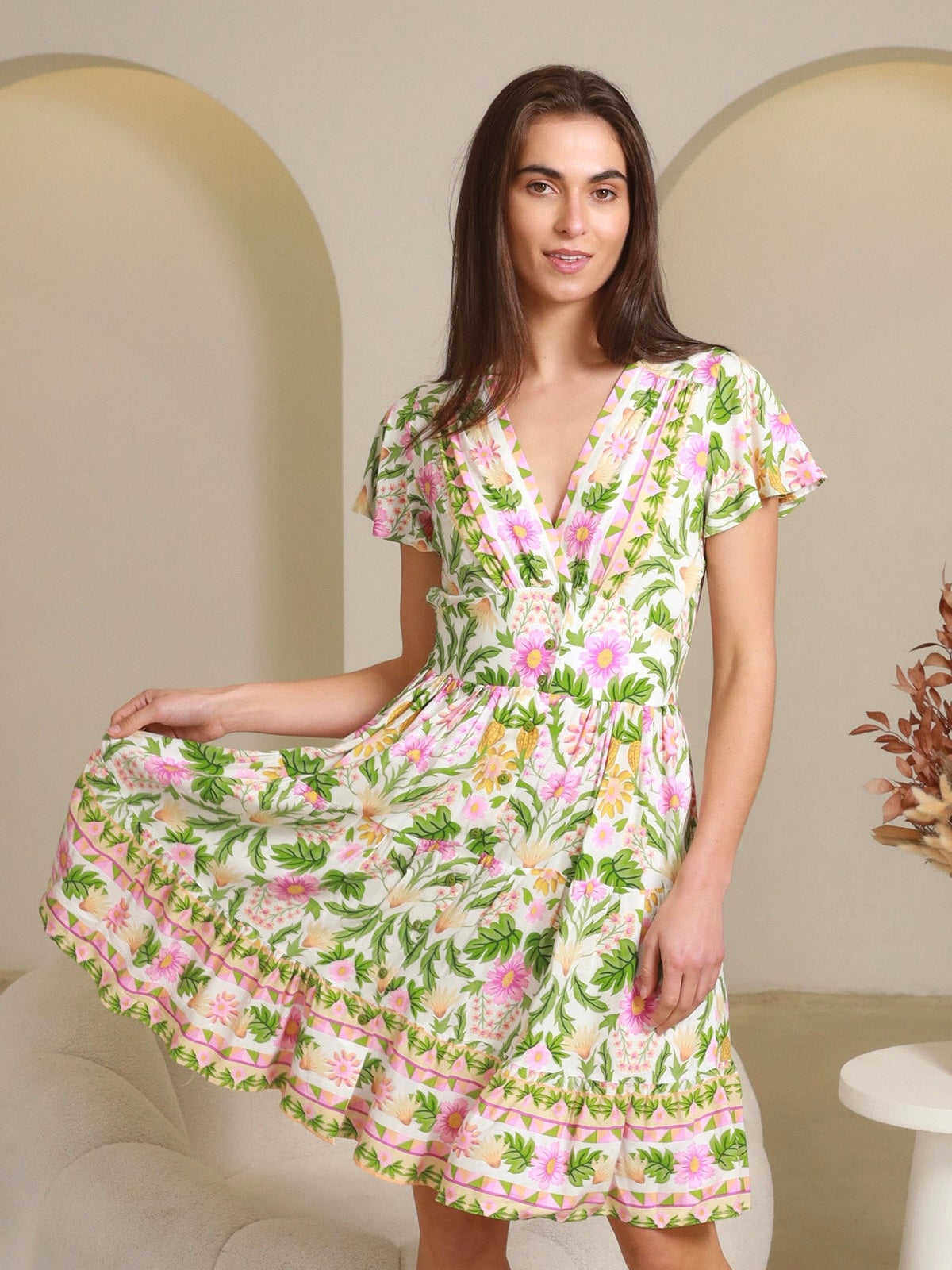 LAST  CHANCE  - Size 14 Juliette Mini Dress - Green/Pink