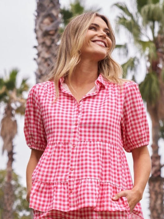 Presleigh Linen Shirt - Berry Check - Double Feature Clothing - Womens Clothing - Sizes 6-20 - Coffs Harbour Australia